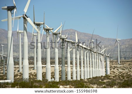 Renewable Energy Source. Wind Turbines Plantation in Southern California State, USA. Power Industry Collection.