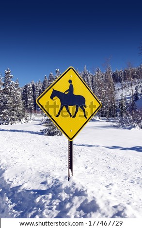 Horse Ride Street Sign. Horse Riders Sign and Winter Landscape.