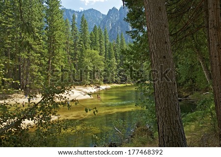 Merced River in Yosemite National Park, California Sierra Nevada Mountains, United States.
