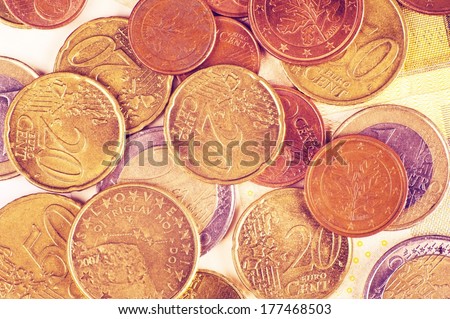 Euro Coins Background in Ultraviolet Color Grading.