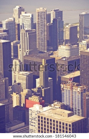 Chicago Illinois City Center in Ultraviolet Color Grading. Vertical Chicago Aerial Photography.