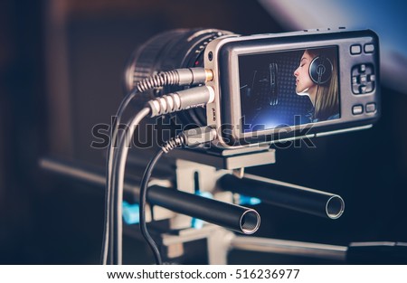 Video Recording Production. Making Music Video Clip. Recording Singing Woman Сток-фото © 