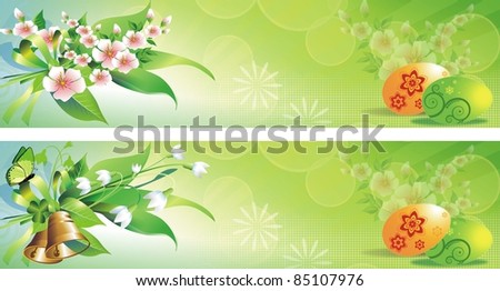 Green Spring Easter Banners with Eggs and Floral Elements. Two Easter Banners to Choose From.