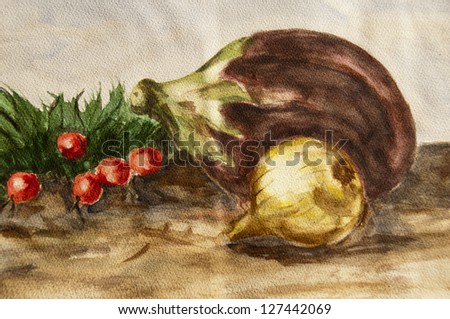 still life composition of eggplant, onion, radishes - handmade watercolor painting illustration on a white paper art (I am the only author of this artwork).