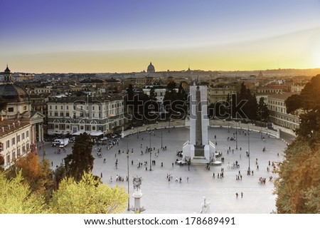 ROME, ITALY - APRIL 2, 2006 :illustrative image of  crowd on Piazza del Popolo at sunset, Rome,Italy