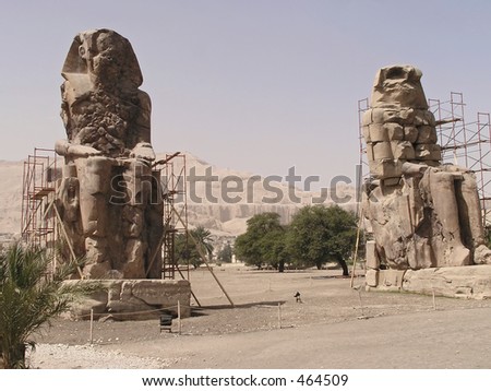 Memnon Colossi, a pair of statues which are all that remains of the funerary temple of Amenhotep III. They are named after the legendary Memnon, a king of Ethiopia.Luxor, Egypt