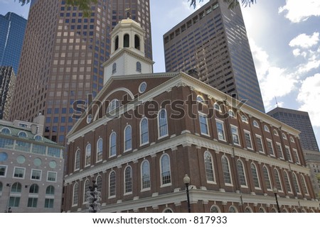 Old building of Faneuil hall, Boston Mass. ,vibrant contrast with the modern buildings in background