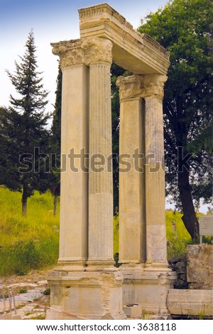details of Hadrian\'s Gate, erected in AD 113-118, Ephesus,Turkey,  ancient Greek city  known as an important center of early Christianity. One of the most beautiful ancient cities in the world