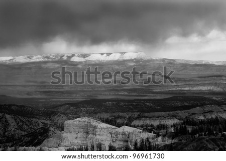 cloudscape and scenic view from Yovimpa Point , Bryce Canyon National Park, Utah, USA - black and white picture