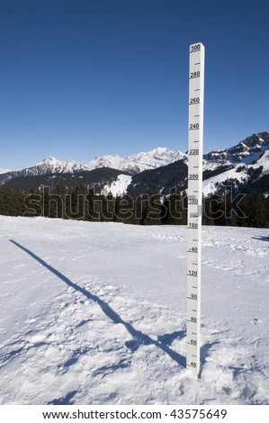 Snow measured by a white yard stick in a snow, Areches french Alps