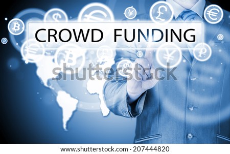 Businessman pushes virtual crowd funding button
