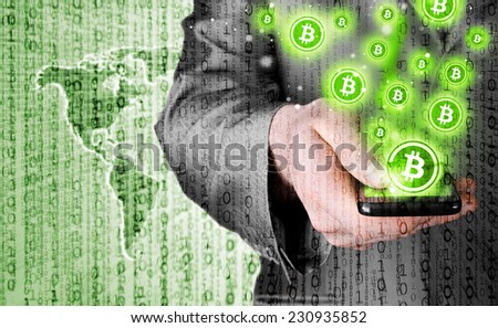 Hand with mobile smart phone and bitcoin symbol