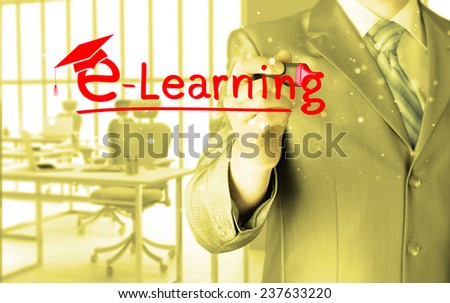 business man writing e-learning concept