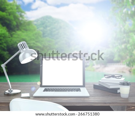 3D illustration laptop on table, Workspace on nature