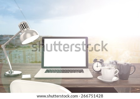 3D illustration laptop on table, Workspace on nature