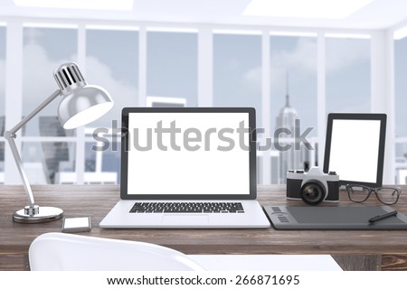 3D illustration laptop camera tablet on table in office, Workspace