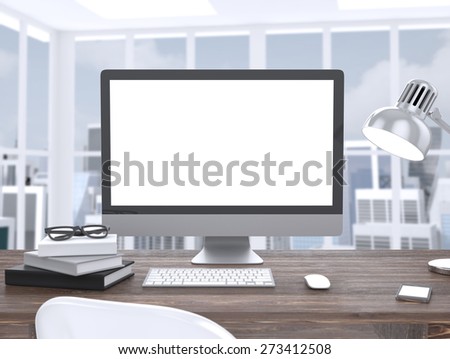 3D illustration PC screen on table in office Workspace