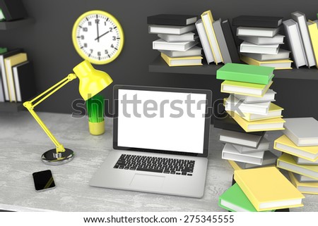 3D illustration laptop and books, Workspace