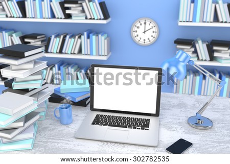 3D illustration laptop and books, Workspace