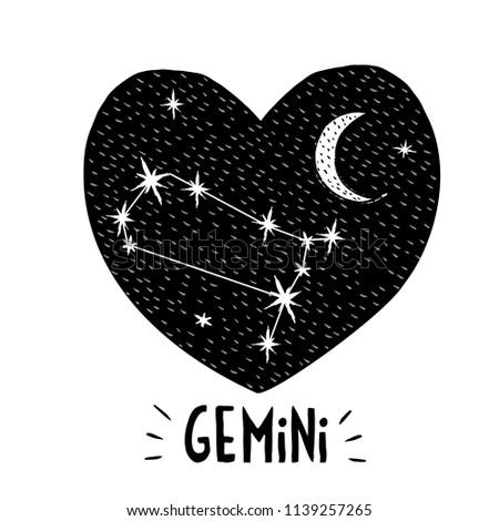 Gemini Symbol. Naive Hand Drawn Zodiac Vector Illustration. Black Heart on a White Background. Black and White Stars and Moon. Starry Night Sky with Moon and Gemini Sign in the Middle of Black Heart. 