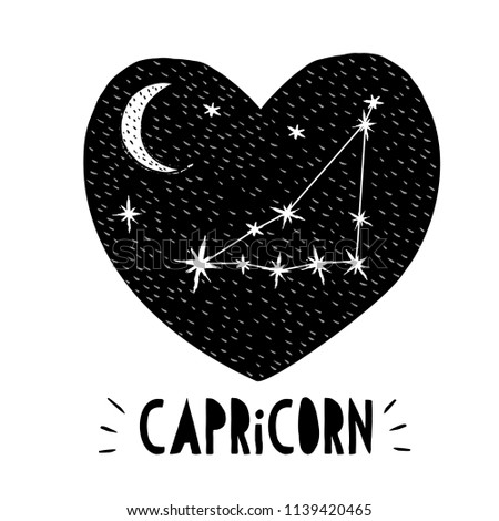 Capricorn Symbol.Naive Hand Drawn Zodiac Vector Illustration.Black Heart on a White Background.Black and White Stars and Moon.Starry Night Sky with Moon and Capricorn Sign in the Middle of Black Heart