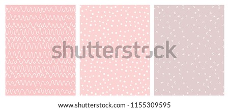 Abstract Hand Drawn Geometric Childish Style Vector Pattern Set. White Waves, Arches and Dots on a Various Pink Backgrounds. Cute Irregular Geometric Seamless Vector Pattern.  Stockfoto © 