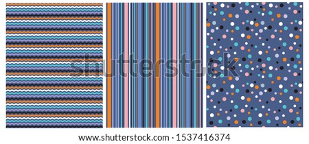 3 Abstract Vector Seamless Prints. Orange, White, Blue and Black Dots Isolated on a Dark Blue Background. Colorful Horizontal Chevron on a Navy Blue. Multicolor Vertical Lines Isolated on a Blue.