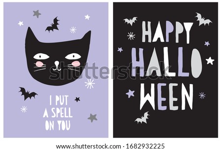 Halloween Vector Decoration for Little Kids. I Put a Spell on You. Hand Drawn Illustration with Black Cat and Flying Bats Isolated on a Violet Background. Handwritten Happy Halloween. 