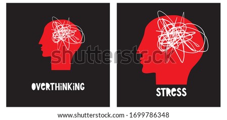 Simple Abstract Overthinking and Stress Vector Icon. Red Human Head Profile with White Scribbles as an Upset Symbol. Red-White Sanity Care Illustration Isolated on a Black Background.