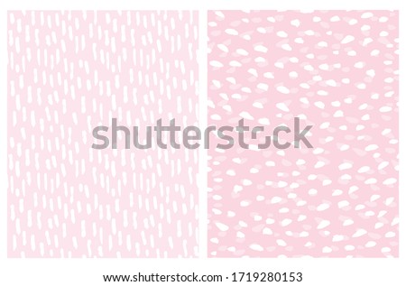 Simple Abstract Spots Seamless Vector Patterns. White Irregular Brush Spots and Stripes on a Light Pink Background. Lovely Geometric Pastel Color Delicate Backdrop. Funny Freehand Repeatable Print.
