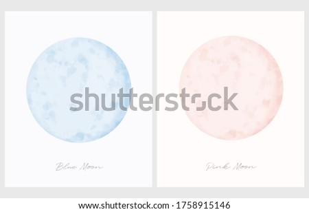 Pink Moon. Blue Moon. Simple Vector Illustration with Watercolor Style Full Moon Ioslated on an Off-White Background. Cute Pastel Color Galaxy Print Ideal for Kids Room Decoration, Wall Art. 