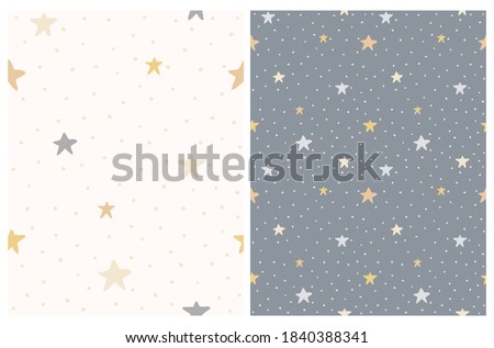 Cute Abstract Starry Sky Vector Patterns Set with Simple Hand Drawn Dots and Stars Isolated on a Dark Gray and Off-White Background. Funny Infantile Style Starry and Dotted Print ideal for Fabric.