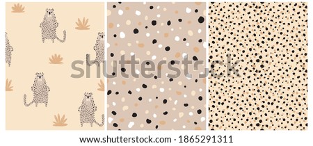 Funny Safari Party Seamless Vector Patterns Set. Wild Cat. Cute Infantile Style Nursery Art with Brown Leopard ideal for Fabric, Textile. Abstract Leopard Skin Repeatable Print. Irregular Spots.