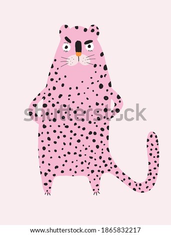 Funny Safari Party Vector Illustration. Wild Cat. Cute Infantile Style Nursery Art with Pink Leopard ideal for Wall Art, Poster, Card, Invitation. 