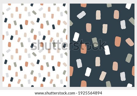 Abstract Geometric Irregular Vector Patterns with Squares. Cute Gray, Brown, Pale Green and Beige Brush Spots on a White and Dark Blue Background. Simple Hand Drawn Doodle Print. 