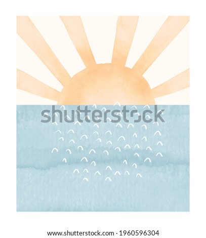 Watercolor Painting with Gold Sun and Blue Sea Water. Abstract Art with Grunge Light Yellow Sun Isolated on a White Background. Lovely Print ideal for Card, Wall Art, Kids Room Decoration. 