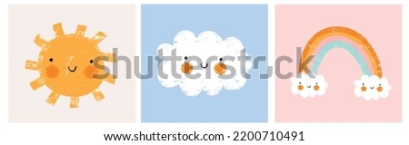 Cute Nursery Vector Illustrations with Smiling Sun, Fluffy Cloud and Merry Rainbon on a Baby Blue, Pastel Pink and Off-White Background. Crayon Drawing Style Cartoon ideal for Wall Art, Poster.