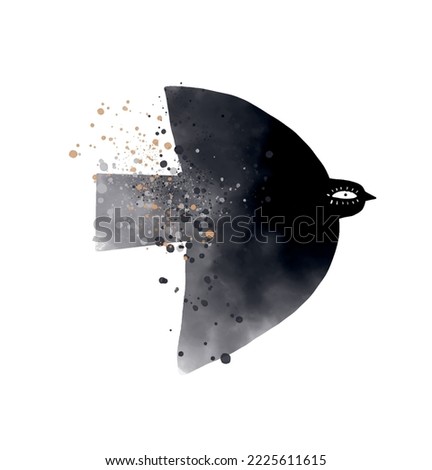 Abstract Watercolor Painting Style Vector Illustartion with Bird. Black Hand Drawn Flying Pigeon with Golden Splatter on a White Background. Elegant Woodland Print ideal for Card, Wall Art, Poster.