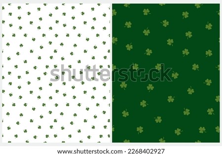 St Patrick Day Irregular Seamless Vector Patterns. Green Clover Leaves isolated on a Dark Green and White Background. Simple Repeatable Design. Set of 2 Clovers Prints. Irish Symbol of Luck.