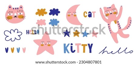 Pink Cat.Colorful Hand Drawn Vector Graphics With Cute Kitty, Stars, Clouds, Moon and Hearts. Handritten 
