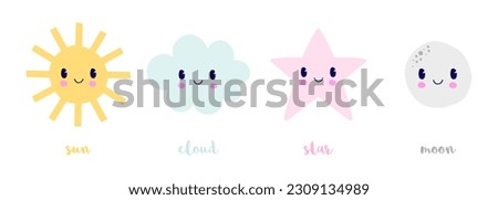 Set of Nursery Vector Prints with Yellow Sun, Blue Cloud, Pink Star And Gray Full Moon on a White Background. Retro 50's Art Style Print ideal for Wall Art, Poster. Abstract Doodle Design for Kids.