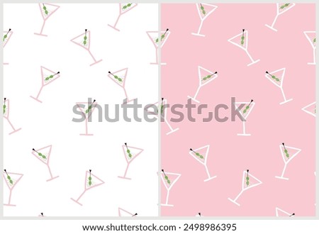 Simple Hand Drawn Seamless Vector Pattern with Cocktails with Green Olives. Funny Endless Prints with Martini Drinks on a White and Pastel Pink Background. Infantile Style Party Repeatable Design.