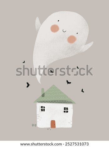 Cute Hand Drawn Vector Illustration with Cozy Little House,  Bats and Big Ghost Flying from The Chimney. Lovely Nursery Art with White Small House, Chimney and Smoke of Ghost Shape. Halloween Card.RGB