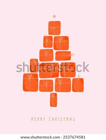 Christmas Tree Made of Red Gift Boxes with Golden Ribbons and Star. Red Hand Drawn Xmas Tree on a Pastel Pink Background. Xmas Card. Gift Boxes Stacked  in Fir Tree Shape Topped With A Gold Star. RGB.