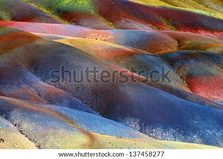 Main sight of Mauritius island. Unusual volcanic formation seven colored earths in Chamarel.