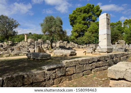 Greece Olympia, ancient ruins of the temple of Zeus, it most important building in the Altis in Olympia, birthplace of the olympic games  -   UNESCO world heritage site