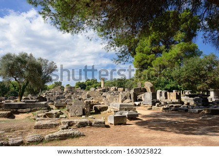 GREECE, OLYMPIA - 5 OCT: Ancient ruins of the temple Zeus shown on 5 Oct 2013 in Olympia. Birthplace of the olympic games, UNESCO world heritage site, place to ignite the fire of modern Olympic Games