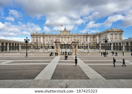MADRID, SPAIN - MAR 3, 2014: Front view of Royal Palace in Madrid, Spain. Royal Palace of Madrid - is official residence of Spanish Royal Family