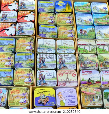 PROVENCE, FRANCE - JULY 15, 2014: French soap in various decorative box displayed in a street market in public street. Local soap the most popular souvenir in Provence