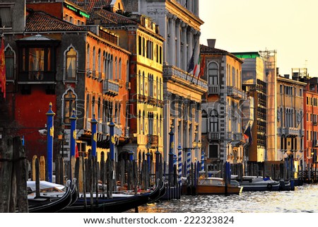 View on the Grand Canal in Venice at sunset. The Grand Canal is the largest canal in Venice, Italy